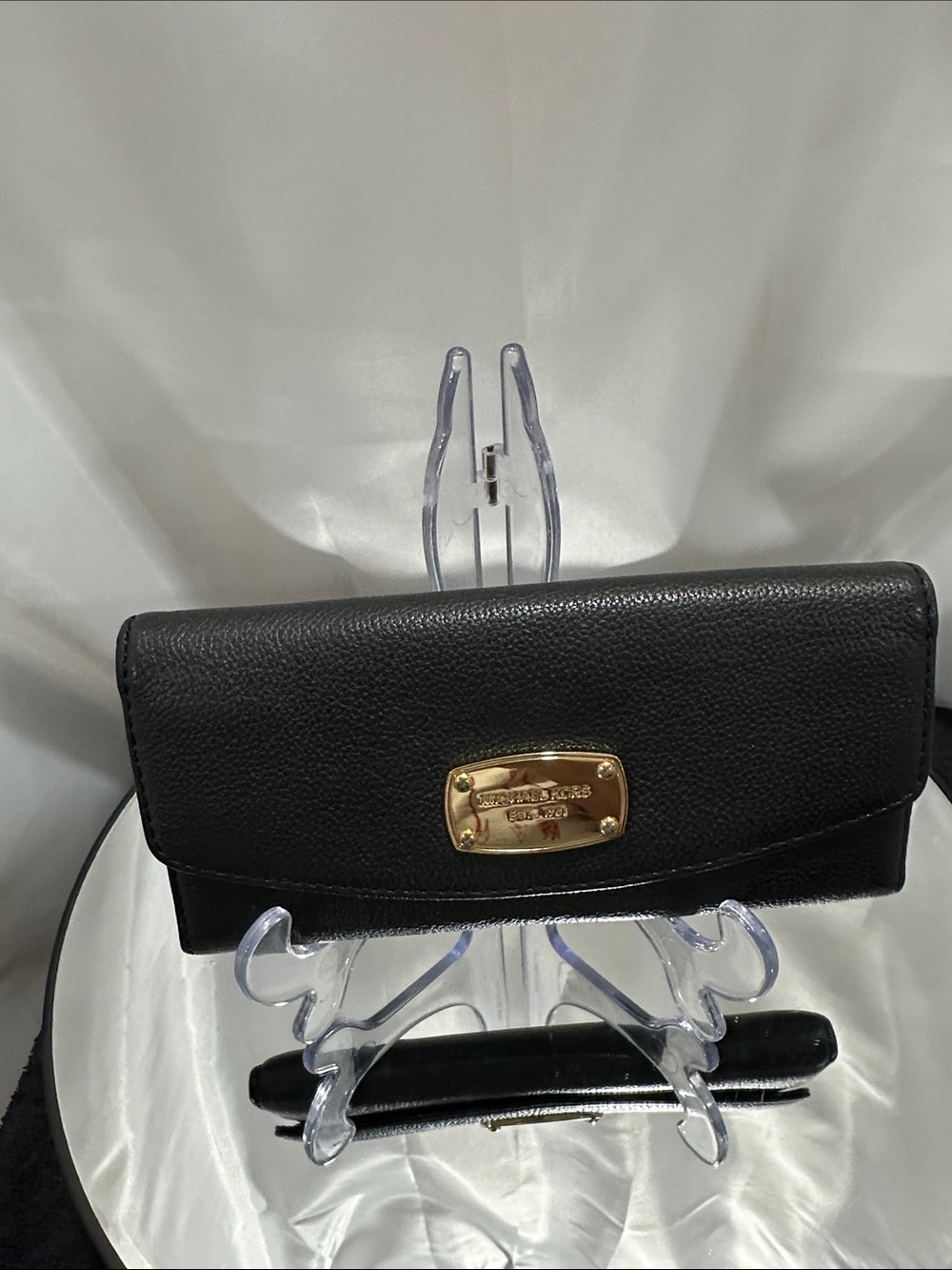 Michael Kors Black Pebbled Leather Continental Wallet with Gold Plaque